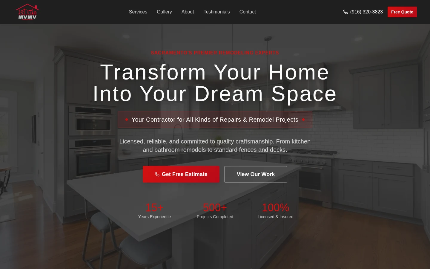 MVMV remodeling contractor website homepage